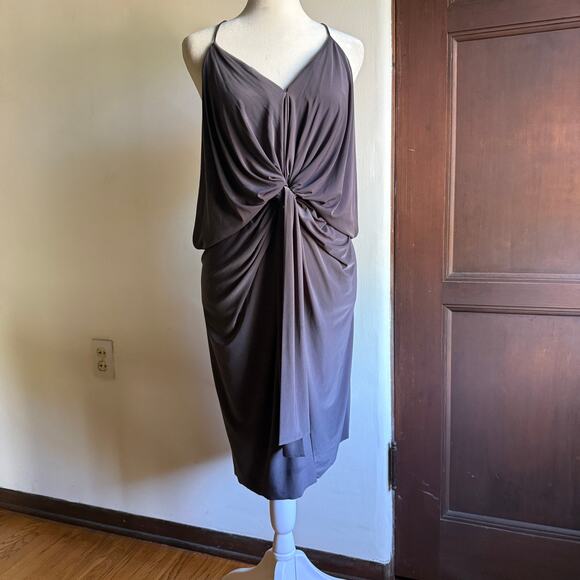 MISA Los Angeles | Dark Gray Domino Draped Knot front Cocktail Dress | Medium - Picture 3 of 7